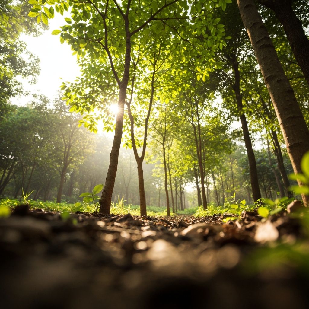 A thriving Forest Garden with diverse tree canopy and undergrowth
